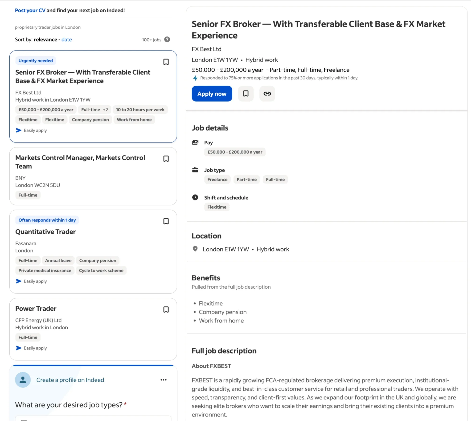 Screenshot showing a job posting on the Indeed website for a Senior FX Broker position in London, with a salary range of between £50,000 and £200,000 per year. (Source: https://uk.indeed.com/q-proprietary-trader-l-london-jobs.html?vjk=04e4437ebd767f28&advn=9942752103292284)