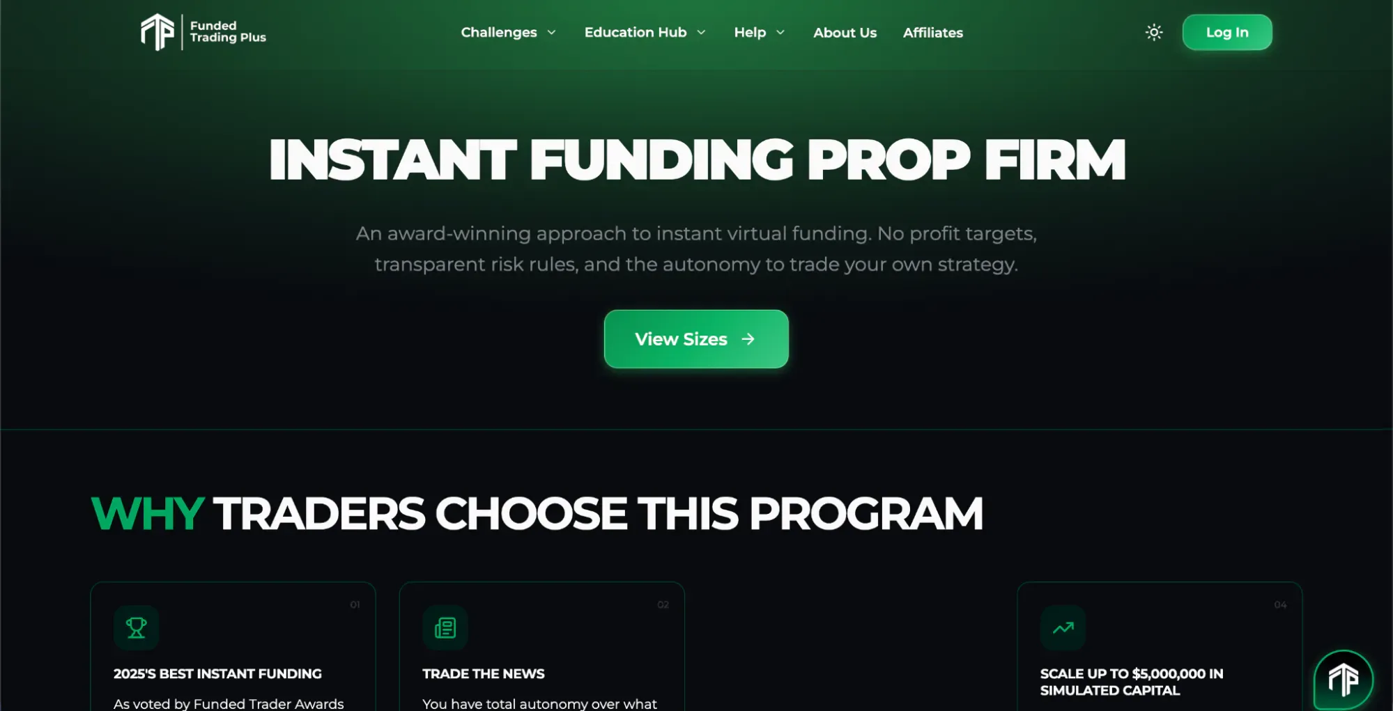Funded Trading Plus’ service page for instant funding with the hero “Instant Funding Prop Firm”.