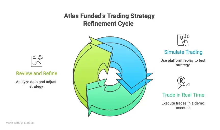 Atlas Funded’s trading strategy refinement cycle, demonstrating the circular nature of how the cycle works and all three stages, review and refine, trading simulations, and trading in real time.