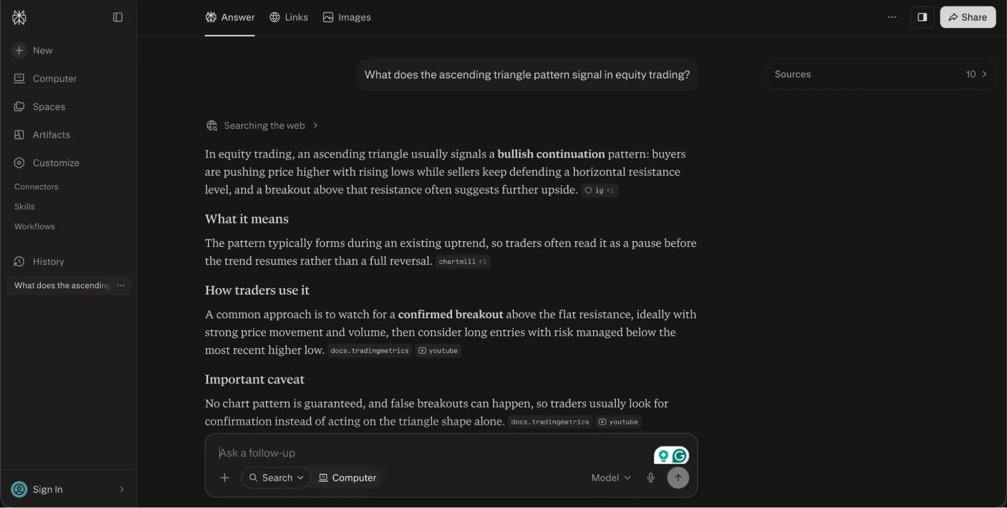 Perplexity AI chatbot interface, with the question posed being “What does the ascending triangle pattern signal in equity trading?” and the AI’s answer.