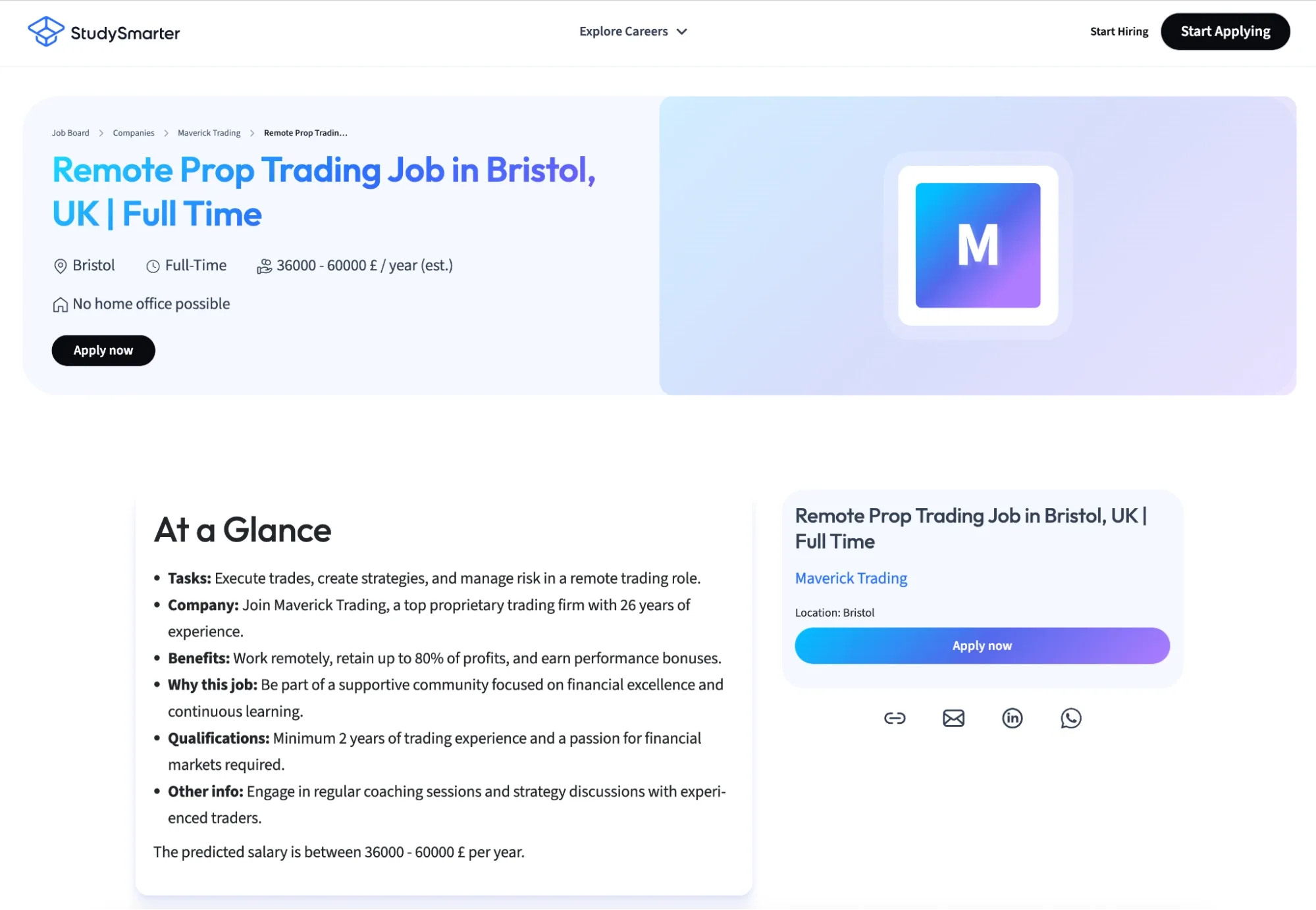 Screenshot of job posting on StudySmarter for a full-time remote prop trading job in Bristol, UK. (Source: https://talents.studysmarter.co.uk/companies/maverick-trading/remote-prop-trading-job-in-bristol-uk-full-time-7997876/)