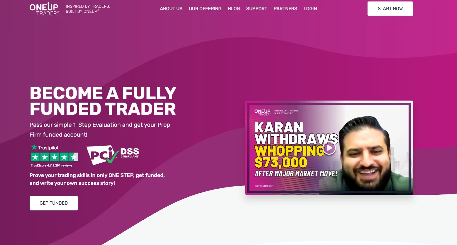 Homepage hero section for OneUp Trader promoting becoming a fully funded trader, featuring a simple evaluation process, trust badges, a ‘Get Funded’ button and a trader success video preview
