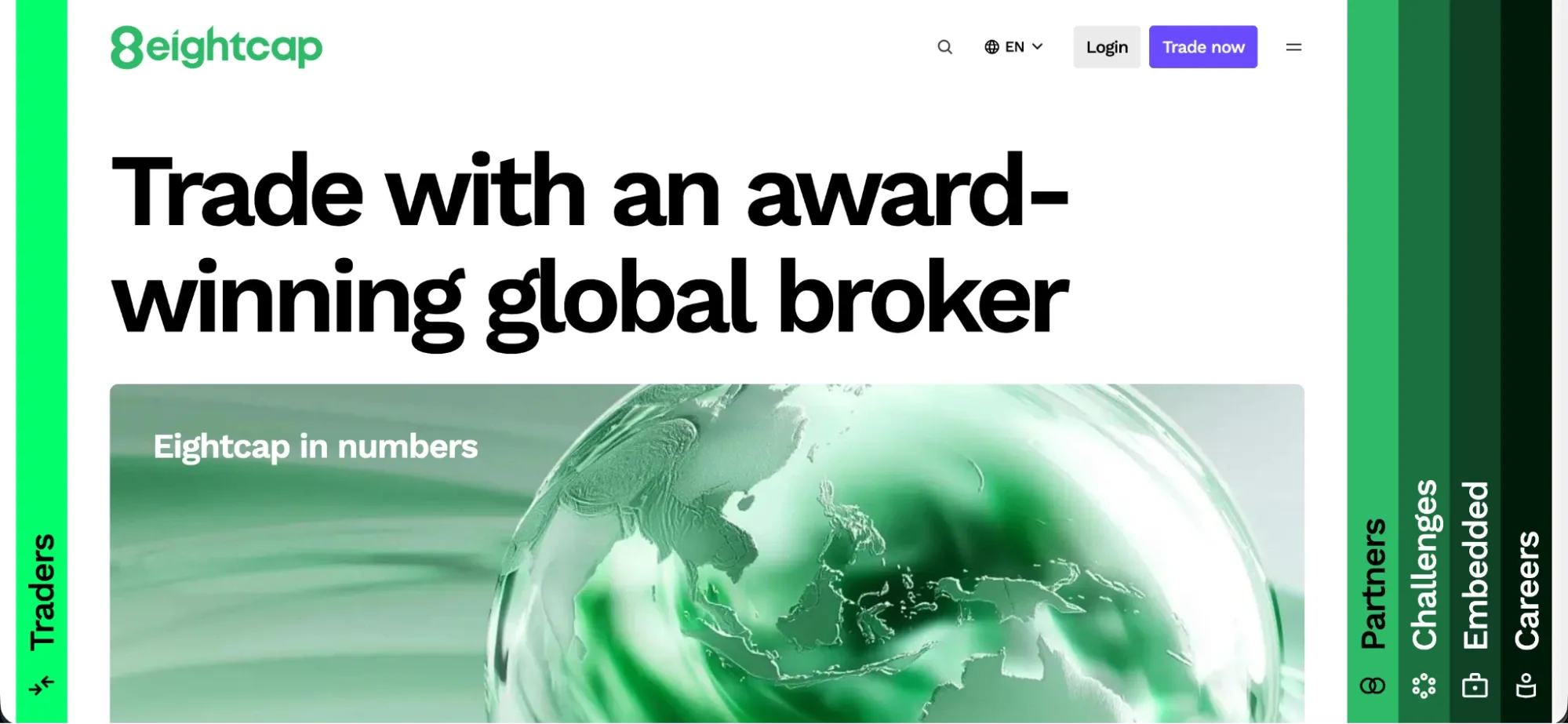 Eightcap landing page with the hero “Trade with an award-winning global broker”.