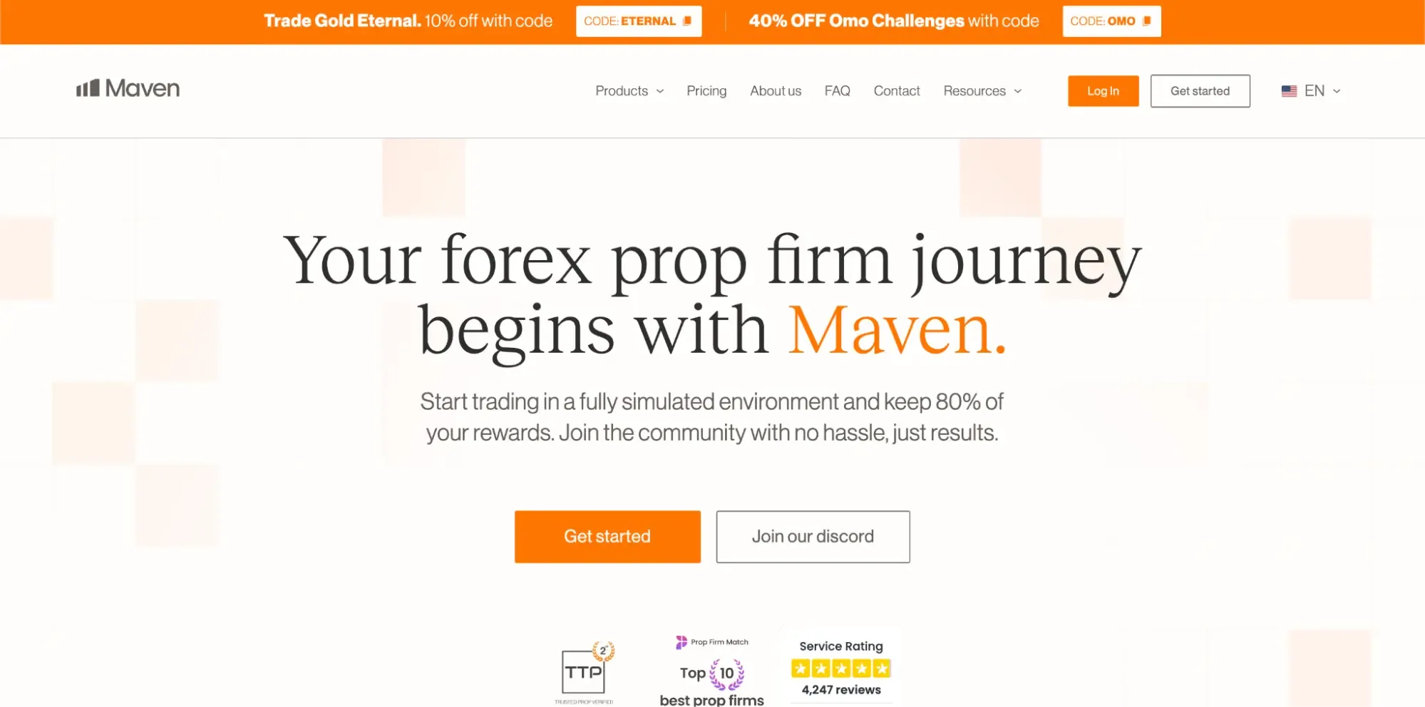 Maven Trading’s homepage with the hero “Your forex prop firm journey begins with Maven.”