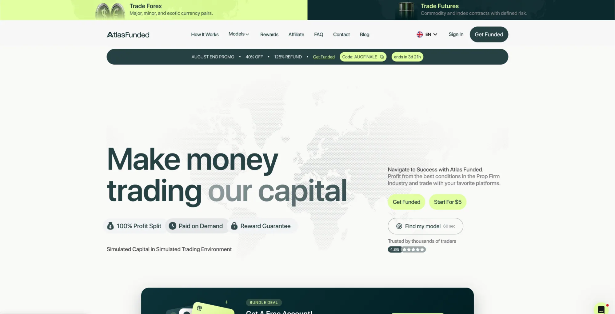 Atlas Funded’s homepage with the hero: “Make money trading our capital”.