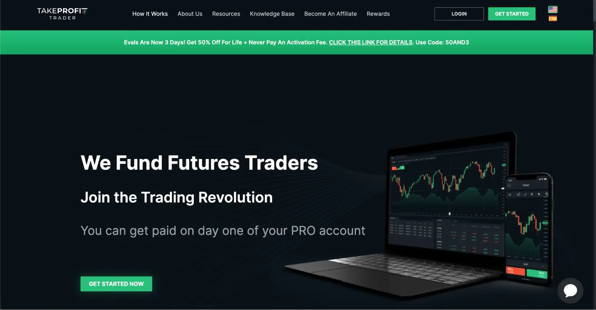 Take Profit Trader’s homepage with the hero “We Fund Futures Traders”.