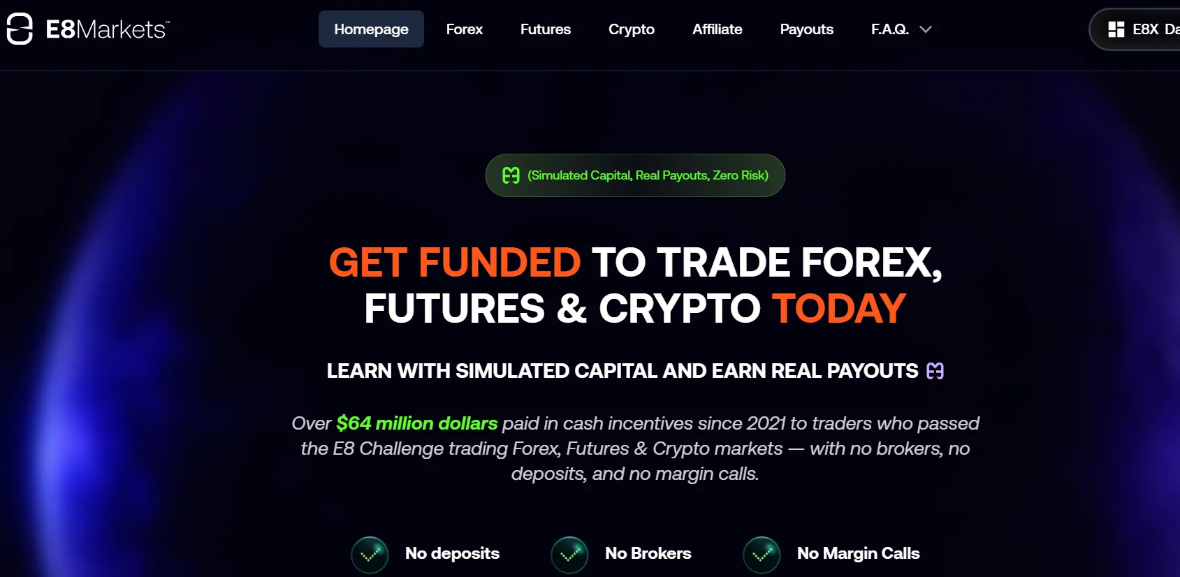 Homepage hero section for E8 Markets featuring the headline ‘Get Funded to Trade Forex, Futures & Crypto Today,’ supporting text about simulated capital and real payouts and key benefits like no deposits, no brokers and no margin calls