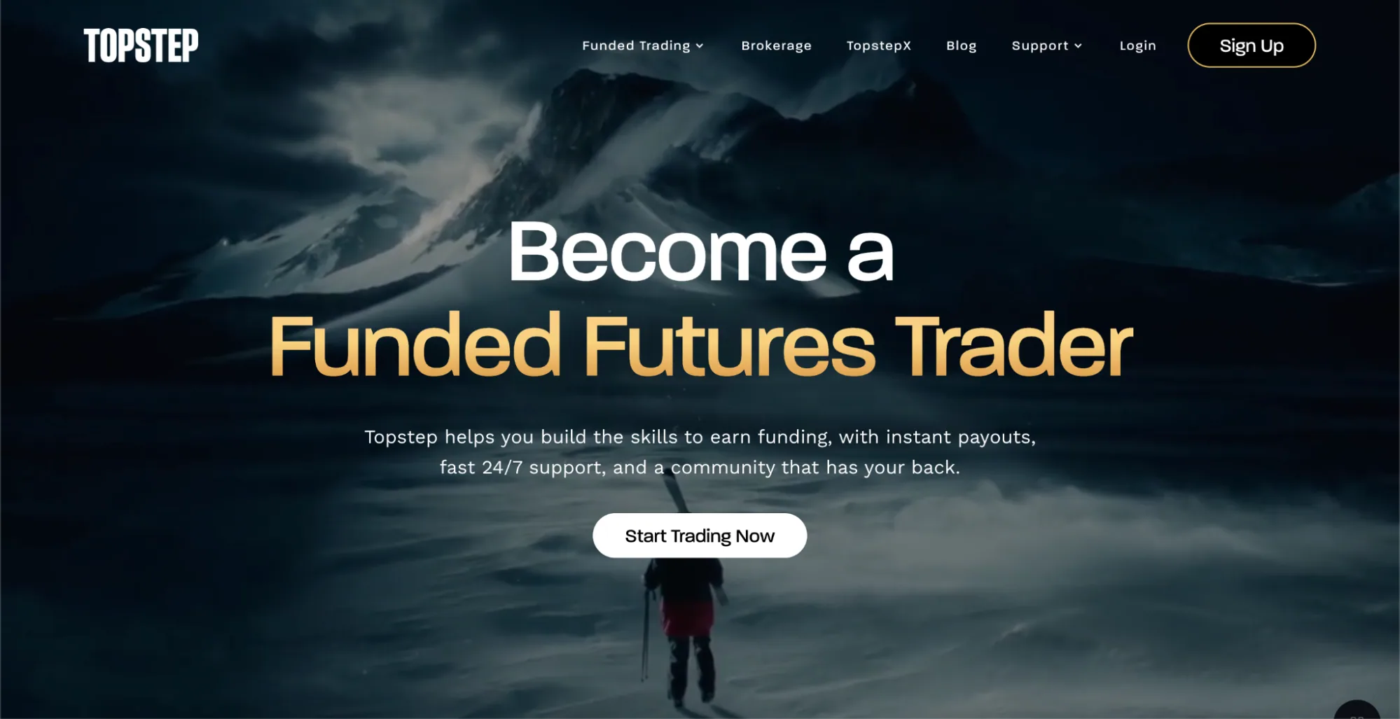 TopStep’s homepage with the hero: “Become a Funded Futures Trader”.